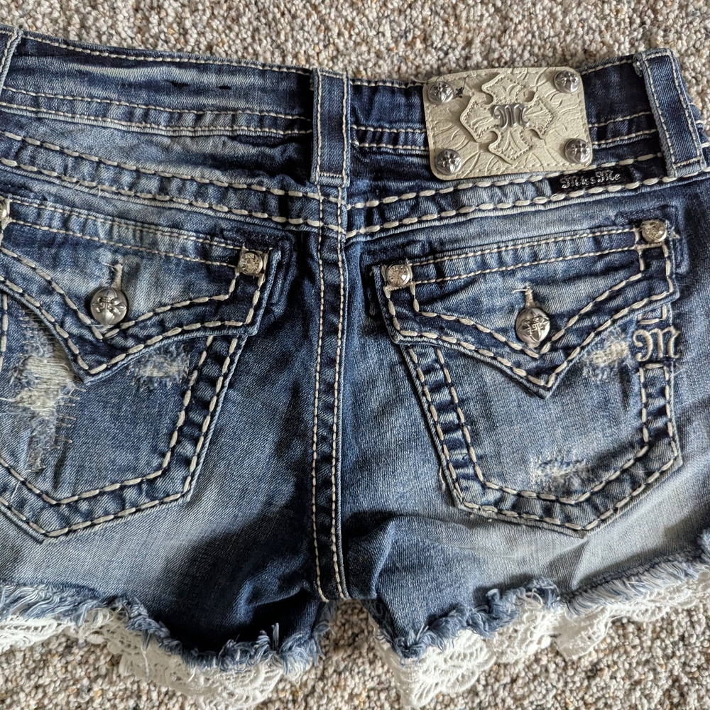 Miss Me Blue Denim Shorts with Lace and Silver Accents
